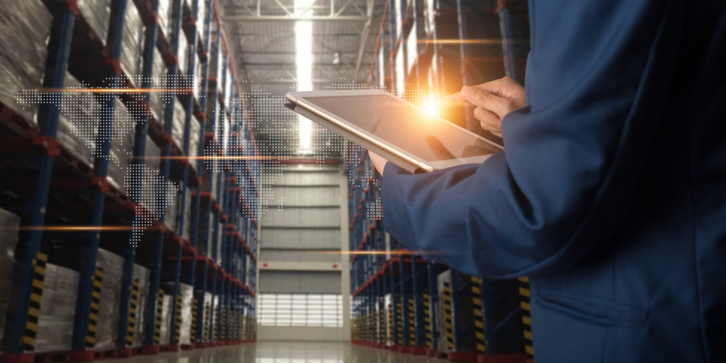 Factory worker using application on smart tablet to operate automation for modern trade. Import and export the shipping cargo of global logistic.