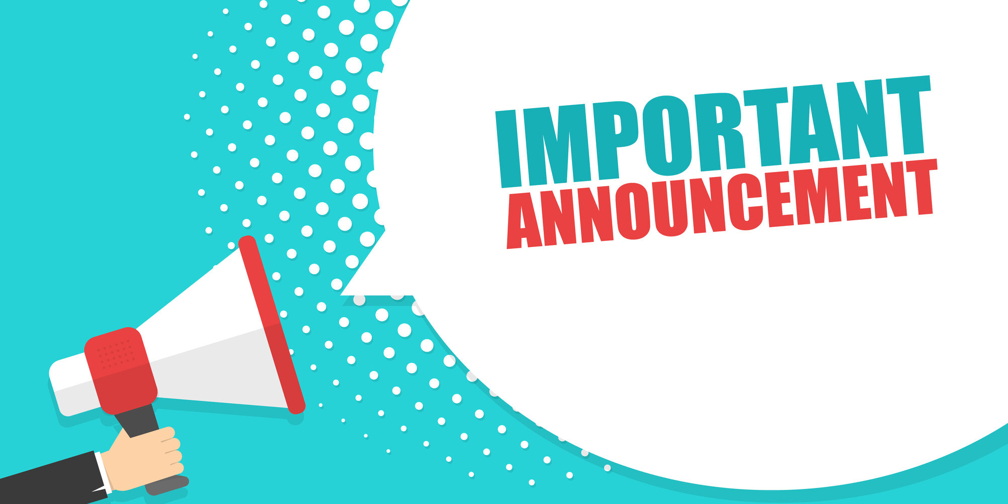 Male hand holding megaphone with Important Announcement speech bubble. Loudspeaker. Banner for business, marketing and advertising. Vector illustration.