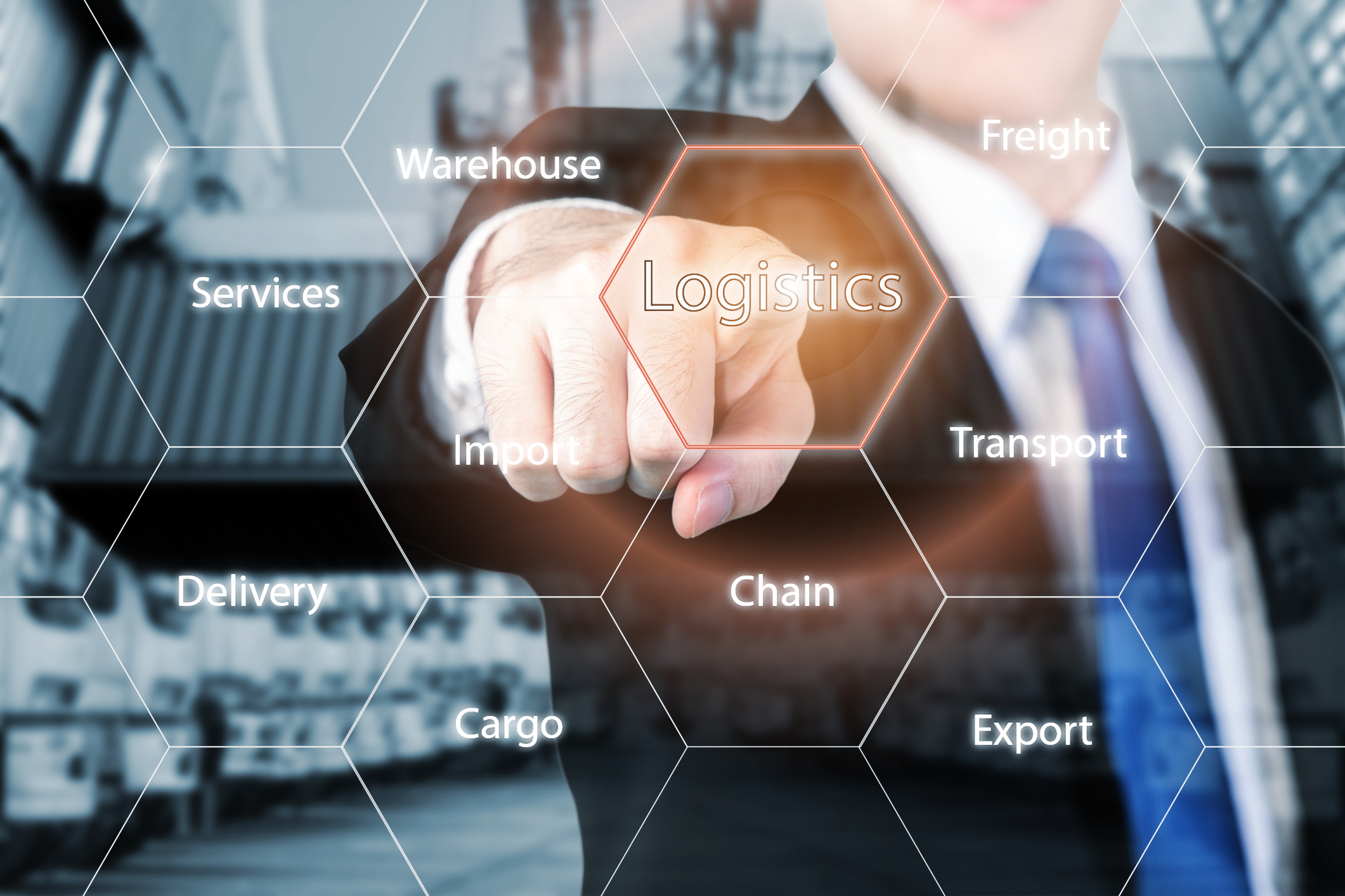 businessman hand holding digital tablet shipping icons