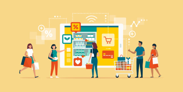 Happy people doing grocery shopping online