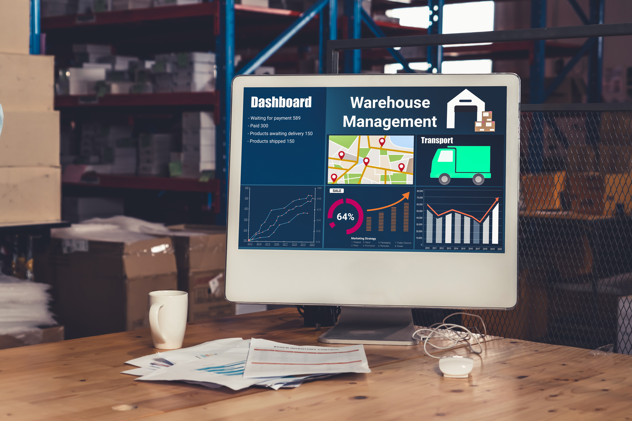 Warehouse management software application in computer for real time monitoring